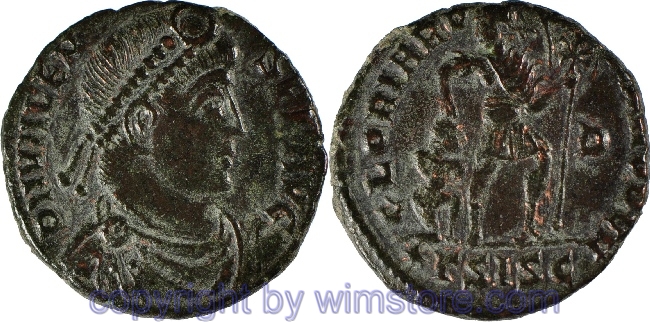 Valens 364 - 378, Siscia, AE 3, 17 mm, 2,45 g, D N VALENS P F AVG // GLORIA ROMANORVM / ☆ГSISC, ss