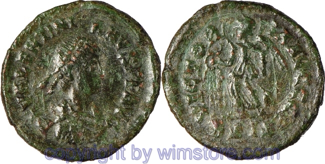 Valentinianus II. 375 - 392, Siscia, AE Minibronze, 14 mm, 1,14 g, D N VALENTINIANVS P F AVG // VICTORIA AVGGG / BSIS, ss