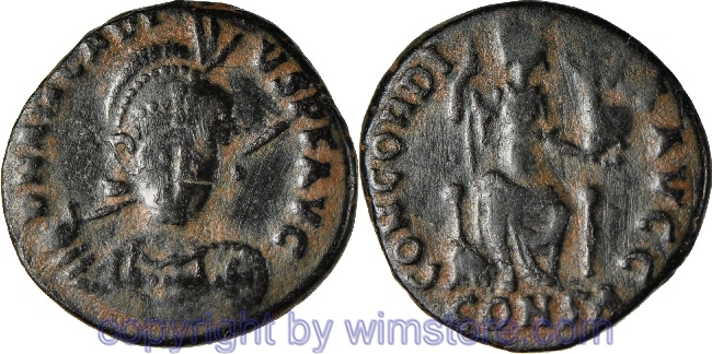 Arcadius 383 - 408, Constantinopel, AE Kleinbronze, 16,6 mm, 2,61 g, D N ARCADIVS P F AVG // CONCORDIA AVGG / CONSA, s-ss