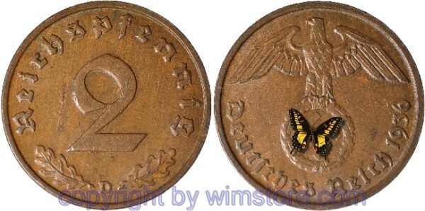 3. Reich, 2 Reichspfennig 1936 D, KM 90, Kupfer, ss