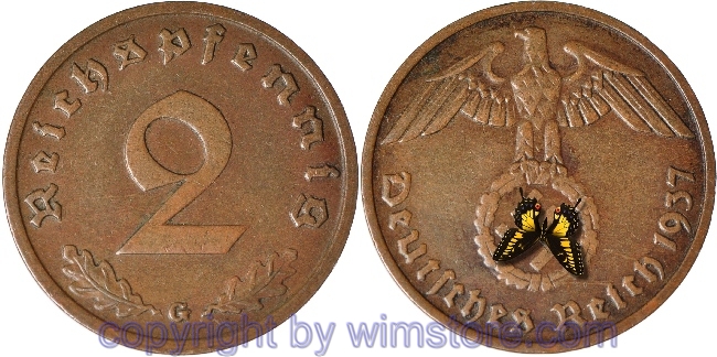 3. Reich, 2 Reichspfennig 1937 G, KM 90, Kupfer, ss