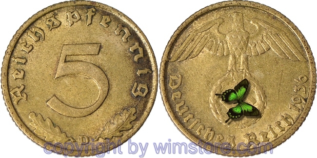 3. Reich, 5 Reichspfennig 1936 D, KM 91, Ku/Alu, ss