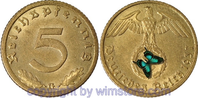 3. Reich, 5 Reichspfennig 1937 G, KM 91, Ku/Alu, vz-st