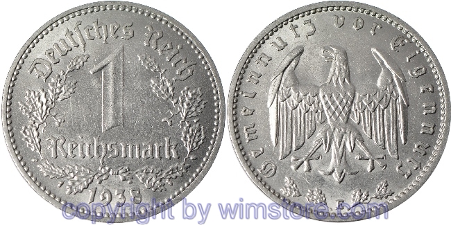 3. Reich, 1 Reichsmark 1938 E, KM 78, Nickel, vz