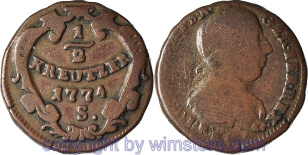 Josef II. Mitregent  1765 - 1780, 1/2 Kreuzer 1774 S, Schmöllnitz, Her 316, Kupfer, s