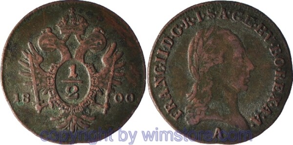 Franz II./I., 1/2 Kreuzer 1800 A, Wien, Her 1091, Kupfer, s-ss