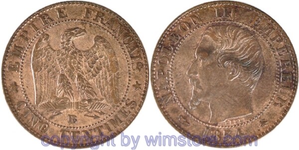 Frankreich, 5 Centimes 1854 BB, Straßburg, KM 777.3, Bronze, vz