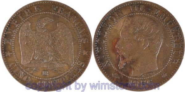 Frankreich, 5 Centimes 1856 BB, Straßburg, KM 777.3, Bronze, vz