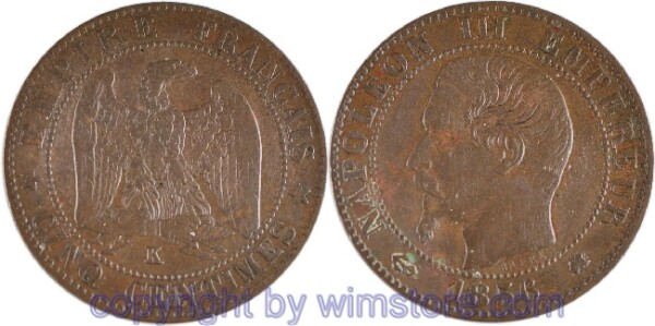 Frankreich, 5 Centimes 1856 K, Bordeaux, KM 777.5, Bronze, ss