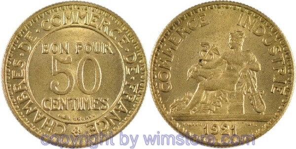 Frankreich, 50 Centimes 1921, KM 884, Alu/Bro, -st