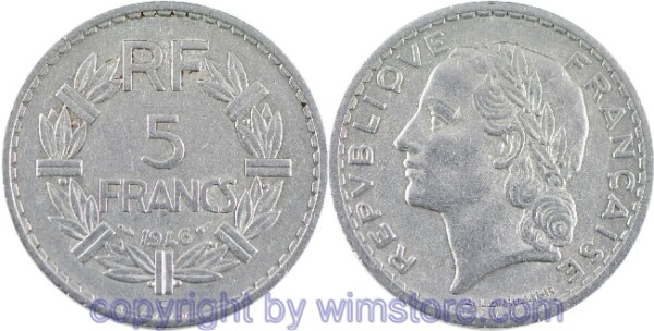 Frankreich, 5 Francs 1946 C, KM 888b.3, Aluminium, ss, winz. Rsn.