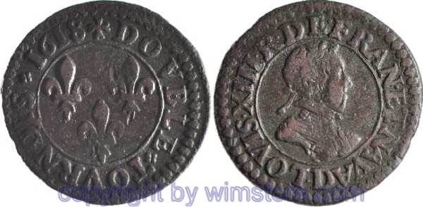 Frankreich, Double Tournois 1618 D, Lyon, KM 43.2, Bronze, -ss