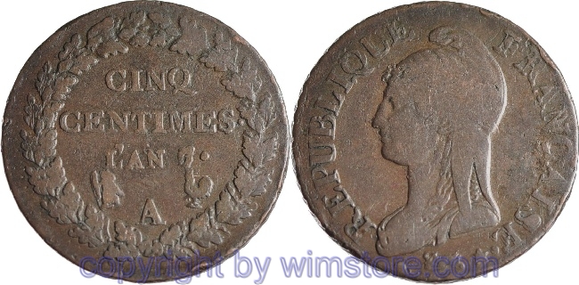 Frankreich, 5 Centimes L´AN 7/5 A, Paris, (1798 - 1799) KM 640.1, Bronze, s, Rsn.