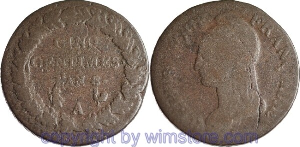 Frankreich, 5 Centimes L´AN 8 A, Paris, (1798 - 1799) KM 640.1, Bronze, ge-s