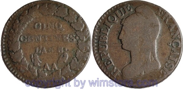 Frankreich, 5 Centimes L´AN 8 AA, Metz, (1799 - 1800) KM 640.2, Bronze, -s