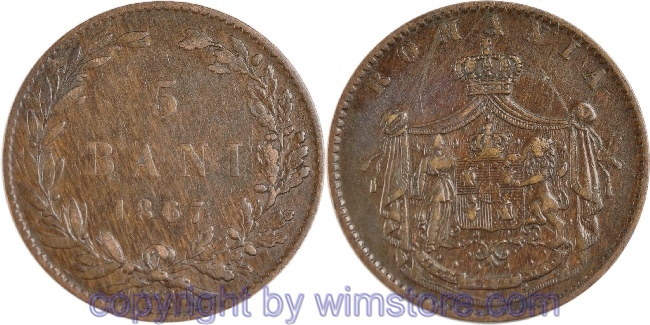 Rumänien, 5 Bani 1867 Watt & Co, KM 3.2, Kupfer, ss