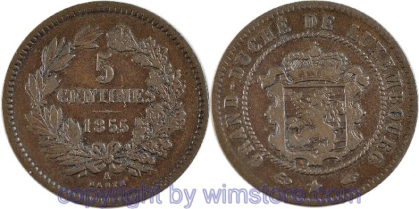 Luxemburg, 5 Centimes 1855, KM 22.2, Bronze, ss