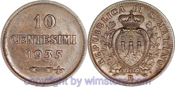 San Marino, 10 Centesimi 1935, KM 13, Bronze, ss