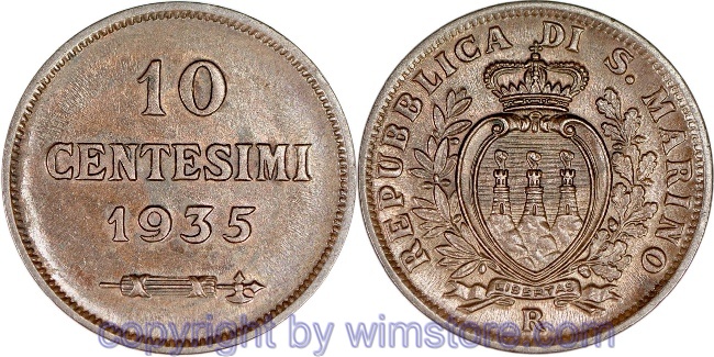 San Marino, 10 Centesimi 1935, KM 13, Bronze, ss