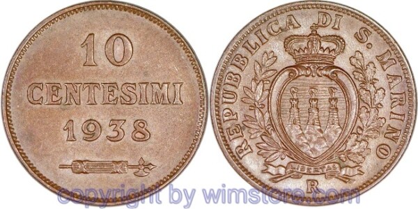 San Marino, 10 Centesimi 1938, KM 13, Bronze, -vz