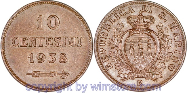 San Marino, 10 Centesimi 1938, KM 13, Bronze, -vz