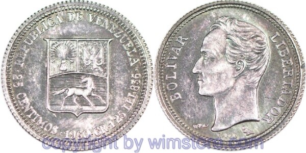 Venezuela, 25 Centimos 1960, Y 35a, Silber, -st