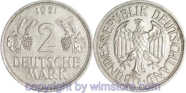 BRD, 2 Mark 1950 F, KM 111, Ku/Ni, ss, etwas berieben