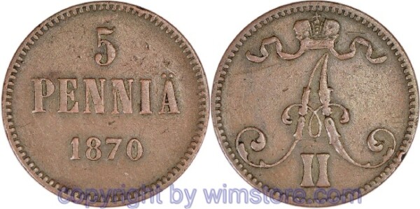 Finnland, 5 Penniä 1870, KM 4.1, Kupfer, ss, Randschäden