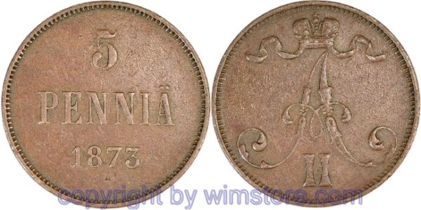 v31511 Finnland, 5 Penniä 1873, KM 4.2, Kupfer, -ss