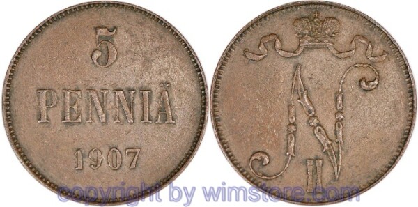 Finnland, 5 Penniä 1907, KM 15, Kupfer, ss