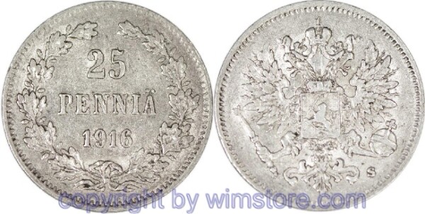 Finnland, 25 Penniä 1916, KM 6.2, Silber, ss