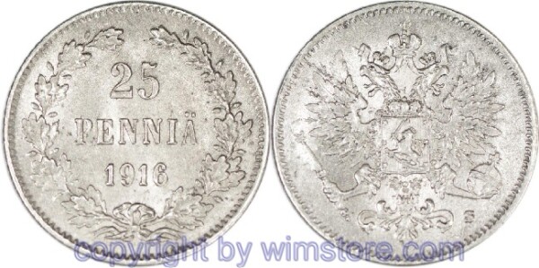 Finnland, 25 Penniä 1916, KM 6.2, Silber, ss