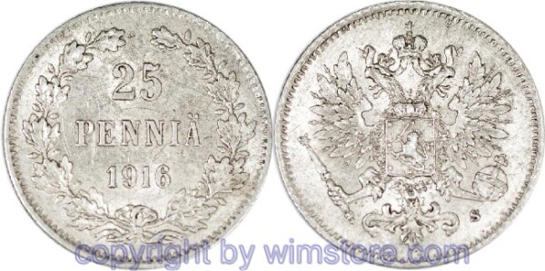 v31530 Finnland, 25 Penniä 1916, KM 6.2, Silber, ss