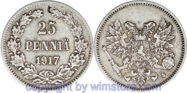 Finnland, 25 Penniä 1917, KM 6.2, Silber, ss
