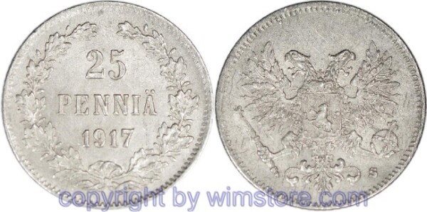 Finnland, 25 Penniä 1917, KM 6.2, Silber, vz