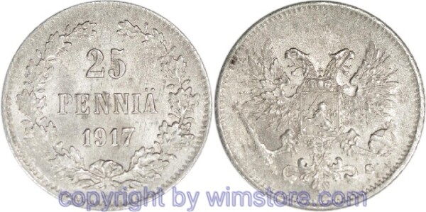Finnland, 25 Penniä 1917, KM 6.2, Silber, vz