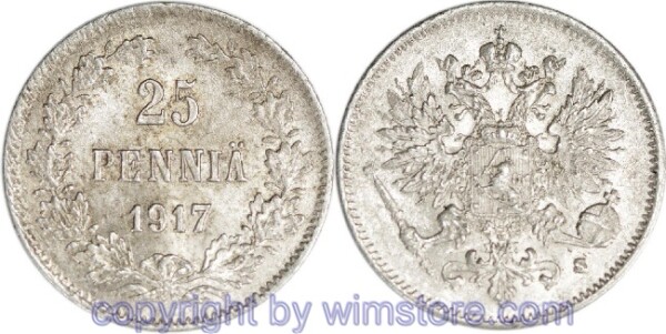 Finnland, 25 Penniä 1917, KM 6.2, Silber, vz