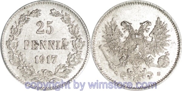 Finnland, 25 Penniä 1917, KM 6.2, Silber, vz