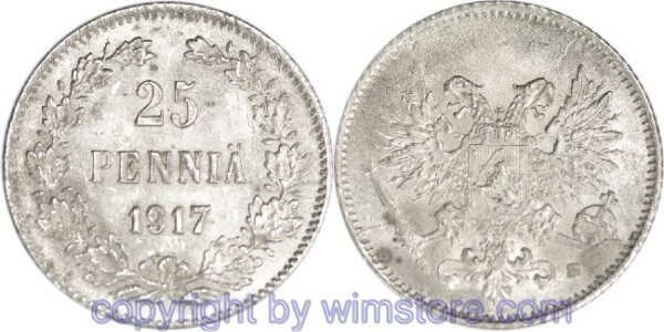 Finnland, 25 Penniä 1917, KM 6.2, Silber, vz