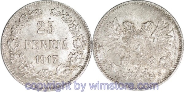 Finnland, 25 Penniä 1917, KM 6.2, Silber, -st