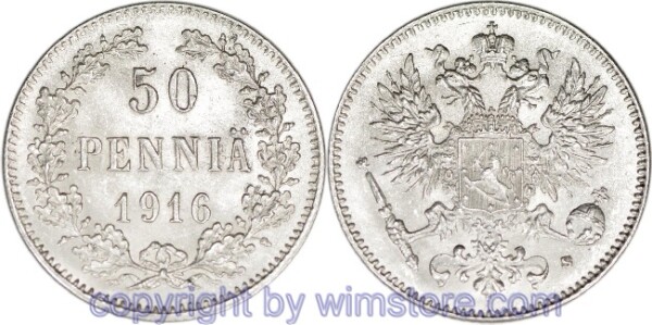 Finnland, 50 Penniä 1916, KM 2.2, Silber, -st