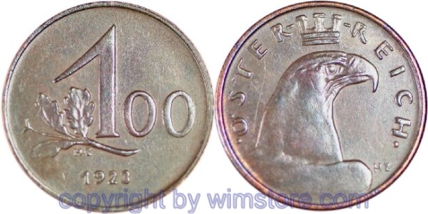 1. Republik, 100 Kronen 1923, J 419, Bronze, ss
