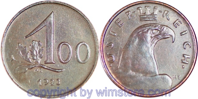 1. Republik, 100 Kronen 1923, J 419, Bronze, ss