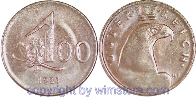 1. Republik, 100 Kronen 1923, J 419, Bronze, ss