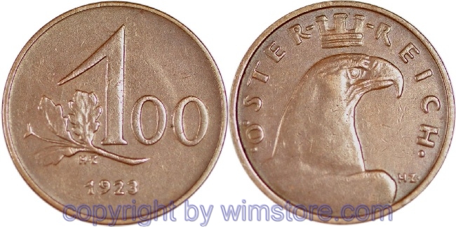 1. Republik, 100 Kronen 1923, J 419, Bronze, ss
