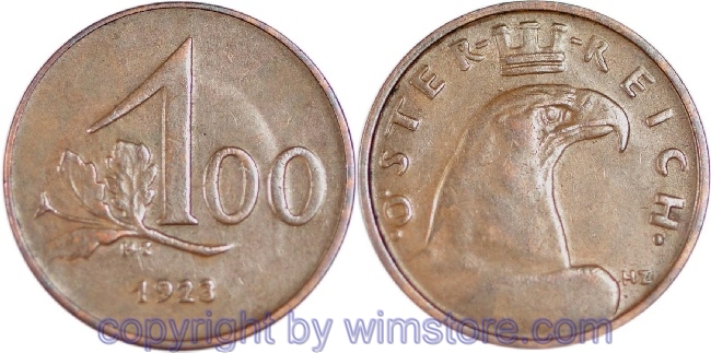 1. Republik, 100 Kronen 1923, J 419, Bronze, ss