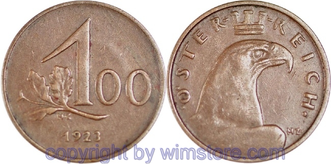 1. Republik, 100 Kronen 1923, J 419, Bronze, ss