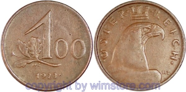 1. Republik, 100 Kronen 1923, J 419, Bronze, ss