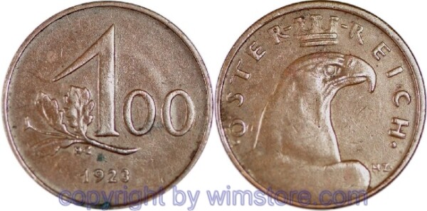1. Republik, 100 Kronen 1923, J 419, Bronze, ss