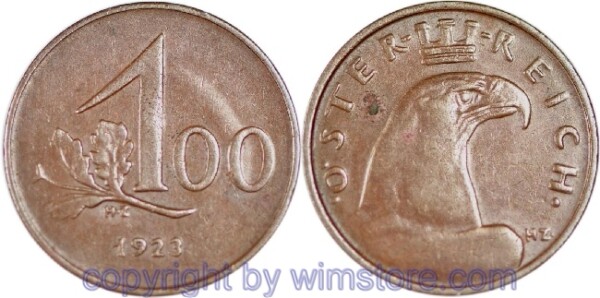 1. Republik, 100 Kronen 1923, J 419, Bronze, ss